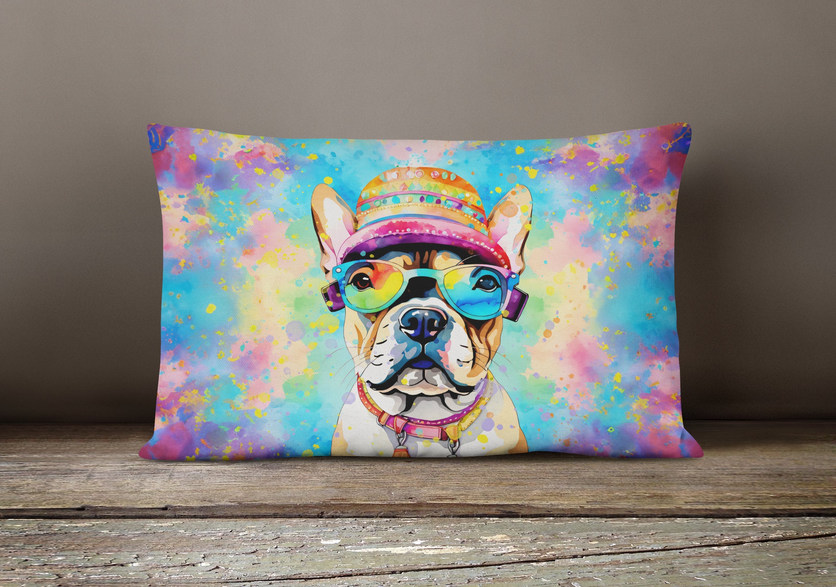 French Bulldog Hippie Dawg Decorative Throw Pillow 12x16 Indoor Outdoor Accent Cushion, Fabric Cover with Insert for Sofa, Bed, Porch & Living Room