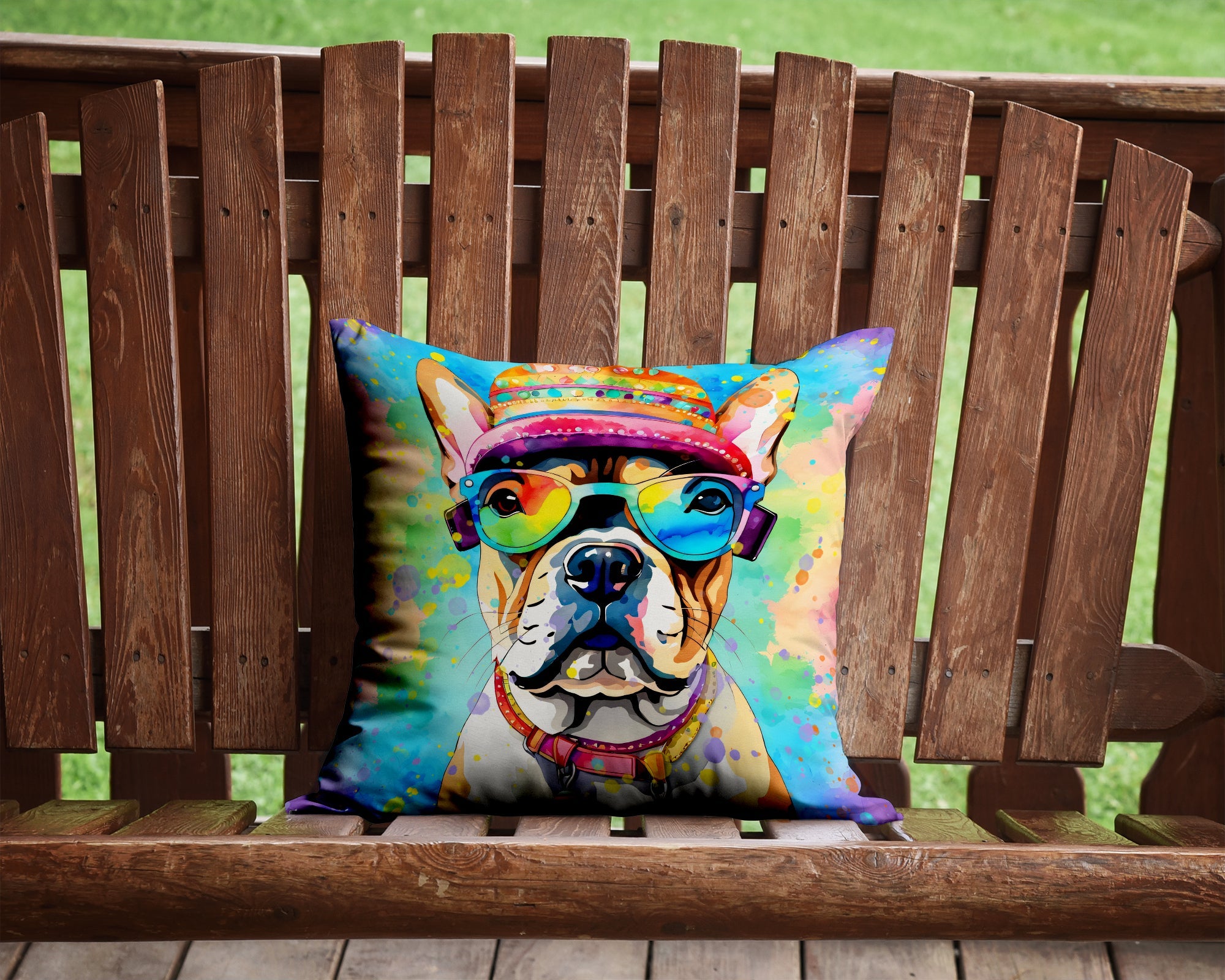 French Bulldog Hippie Dawg Decorative Throw Pillow 14x14 Indoor Outdoor Accent Cushion, Fabric Cover with Insert for Sofa, Bed, Porch & Living Room