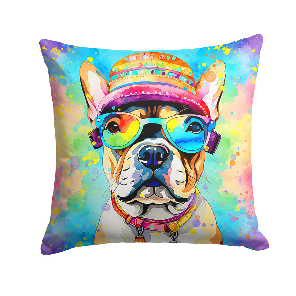 French Bulldog Hippie Dawg Decorative Throw Pillow 18x18 Indoor Outdoor Accent Cushion, Fabric Cover with Insert for Sofa, Bed, Porch & Living Room
