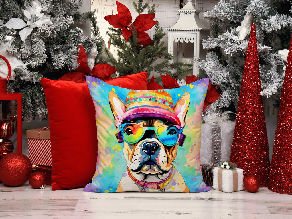 French Bulldog Hippie Dawg Decorative Throw Pillow 18x18 Indoor Outdoor Accent Cushion, Fabric Cover with Insert for Sofa, Bed, Porch & Living Room