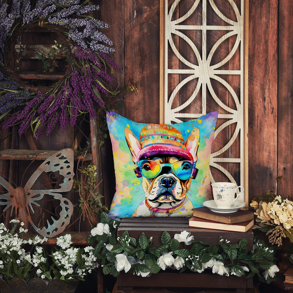 French Bulldog Hippie Dawg Decorative Throw Pillow 18x18 Indoor Outdoor Accent Cushion, Fabric Cover with Insert for Sofa, Bed, Porch & Living Room