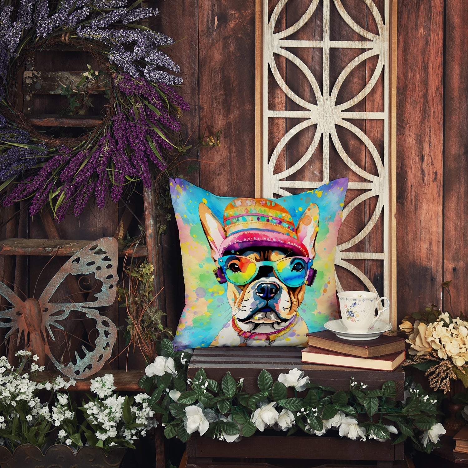 French Bulldog Hippie Dawg Decorative Throw Pillow 18x18 Indoor Outdoor Accent Cushion, Fabric Cover with Insert for Sofa, Bed, Porch & Living Room
