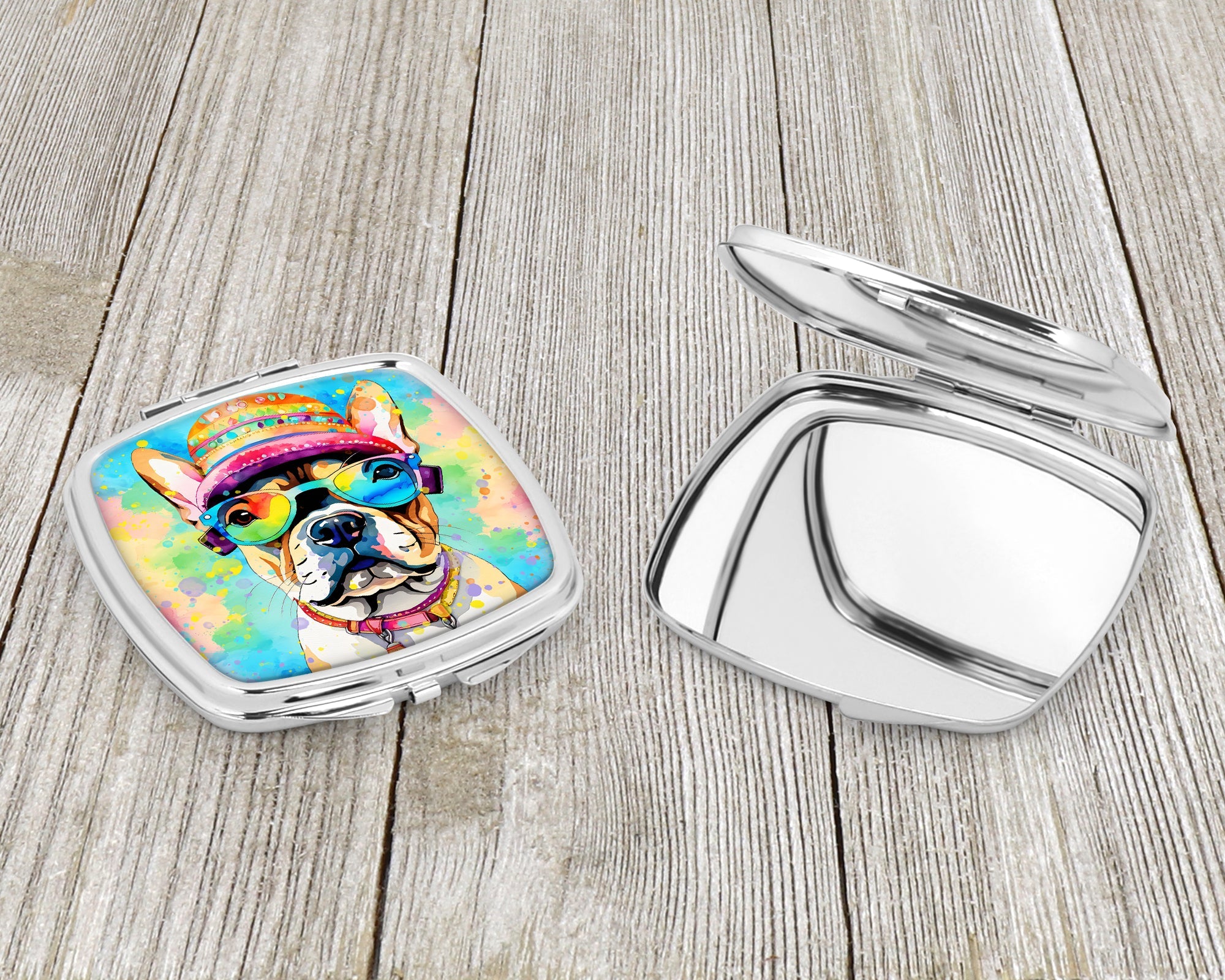French Bulldog Hippie Dawg Compact Mirror Decorative Travel Makeup Mirror for Women Girls Gifts Pocket Makeup Mirror Folding Handheld
