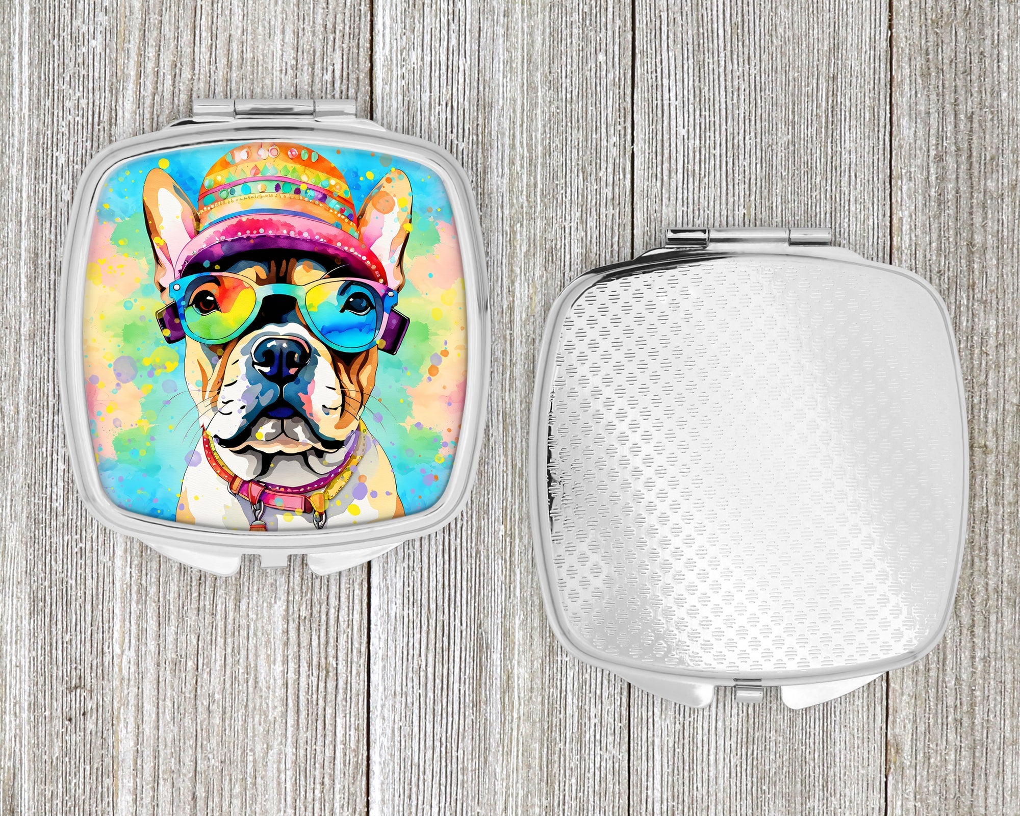 French Bulldog Hippie Dawg Compact Mirror Decorative Travel Makeup Mirror for Women Girls Gifts Pocket Makeup Mirror Folding Handheld