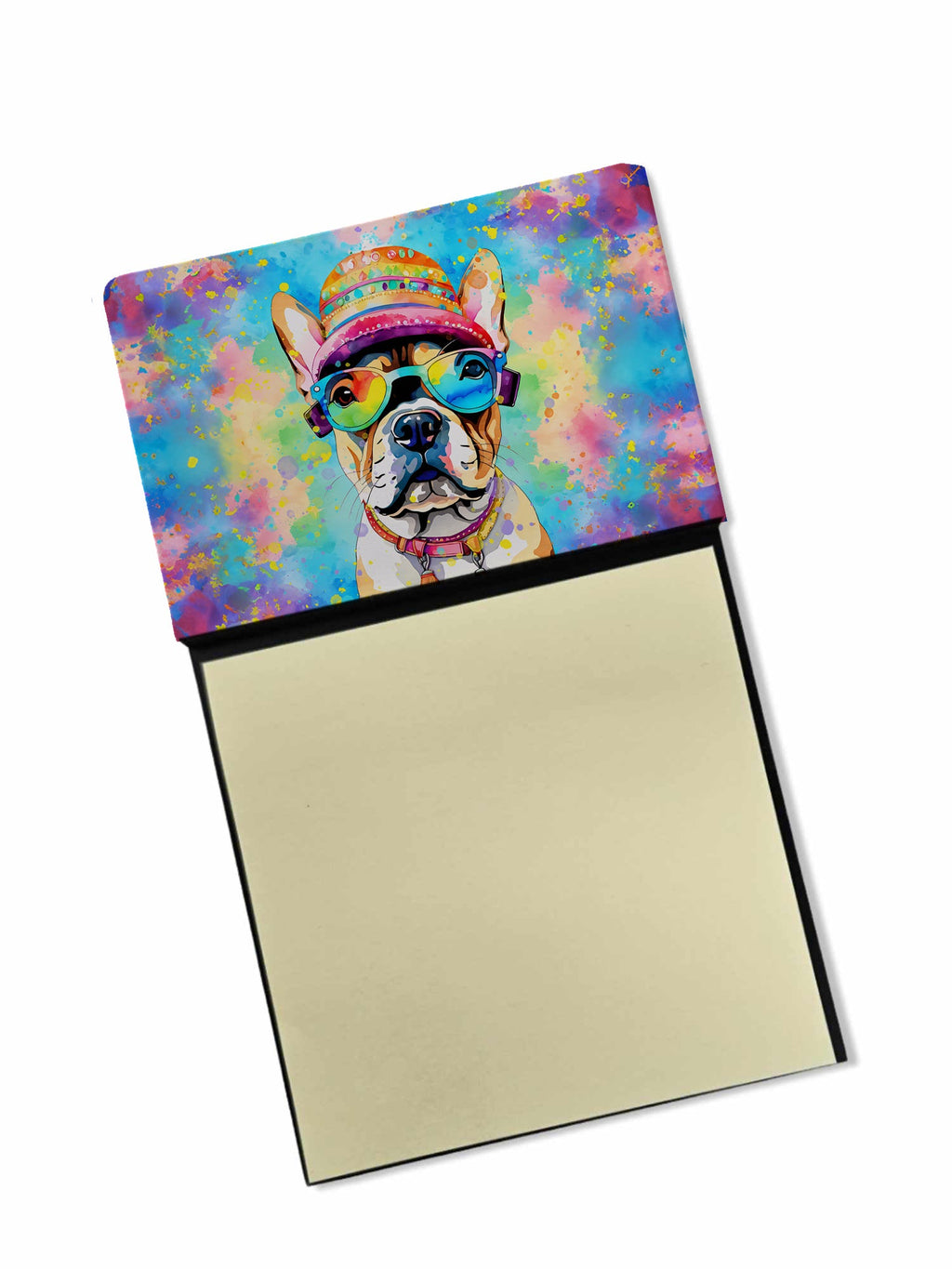 French Bulldog Hippie Dawg Watercolor Sticky Note Holder Refillable Dispenser Desk Accessory 3x3 Pad Gift