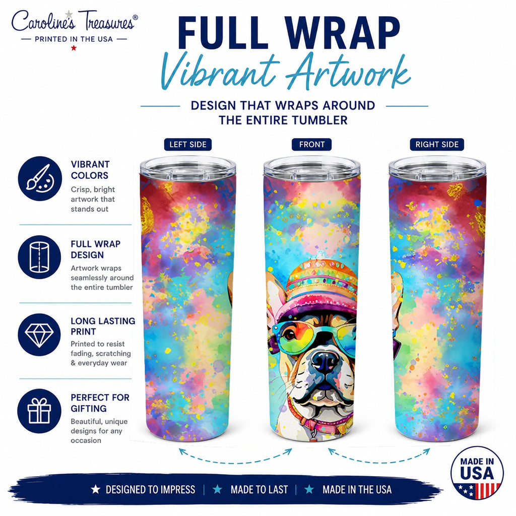 French Bulldog Hippie Dawg Stainless Steel Skinny Tumbler 20 oz Vacuum Double Walled Reusable Insulated Travel Cup