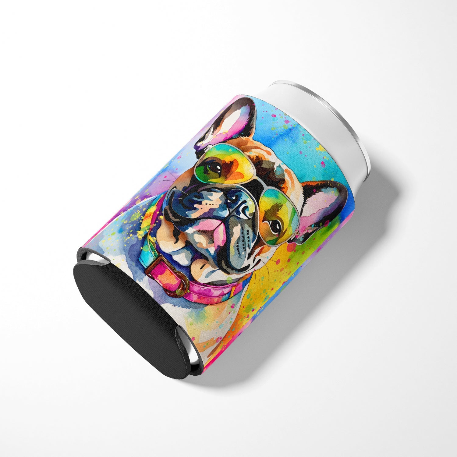 French Bulldog Hippie Dawg Can or Bottle Hugger Cooler Sleeve for Standard 12 oz Cans, Insulated Foam Beer & Soda Can Hugger Reusable