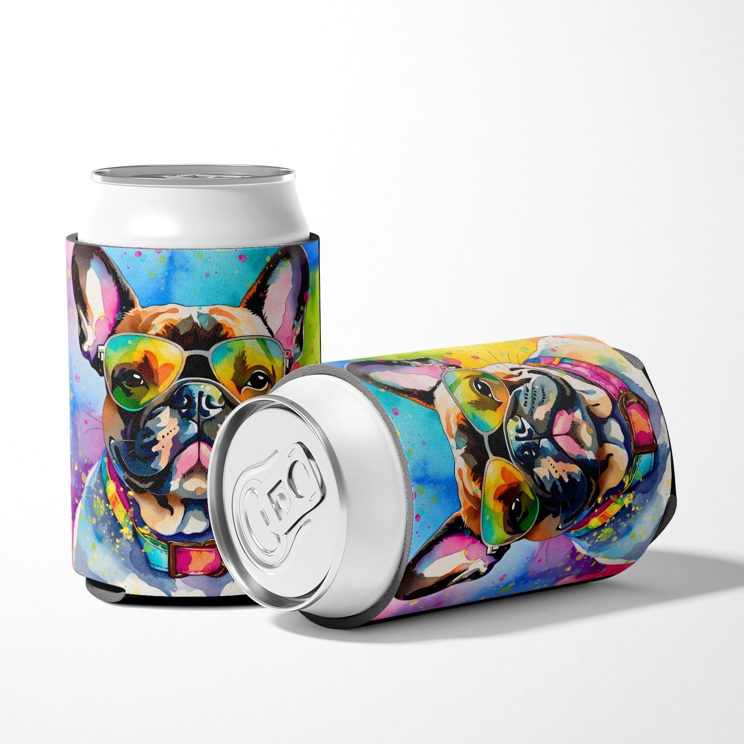 French Bulldog Hippie Dawg Can or Bottle Hugger Cooler Sleeve for Standard 12 oz Cans, Insulated Foam Beer & Soda Can Hugger Reusable