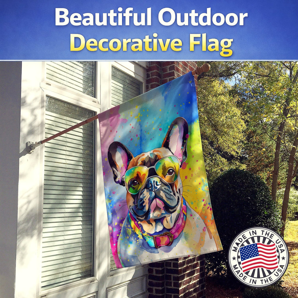 French Bulldog Hippie Dawg House Flag 28x40 Porch Sleeve Pole Decorative Outside Yard Banner Artwork Wall Hanging, Polyester