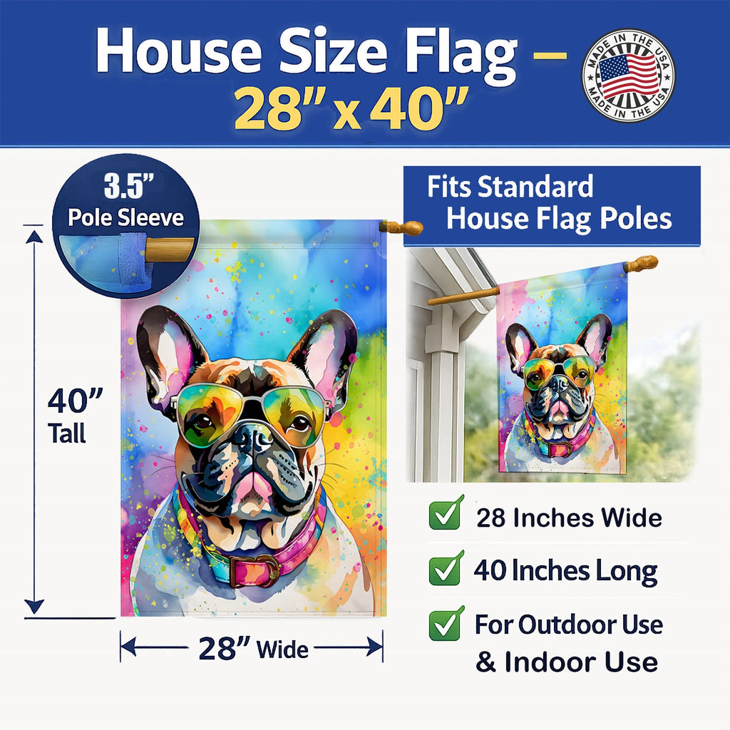 French Bulldog Hippie Dawg House Flag 28x40 Porch Sleeve Pole Decorative Outside Yard Banner Artwork Wall Hanging, Polyester