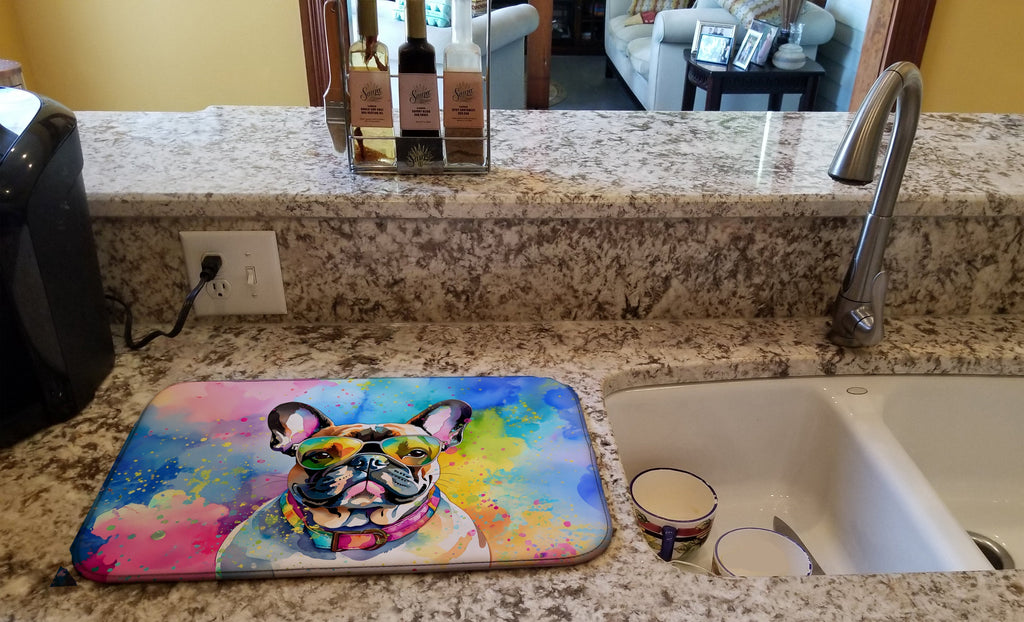 French Bulldog Hippie Dawg Dish Drying Mat Absorbent Dish Drying Mat Pad for Kitchen Counter Dish Drainer Mat for Countertop, 14 x 21", Multicolor