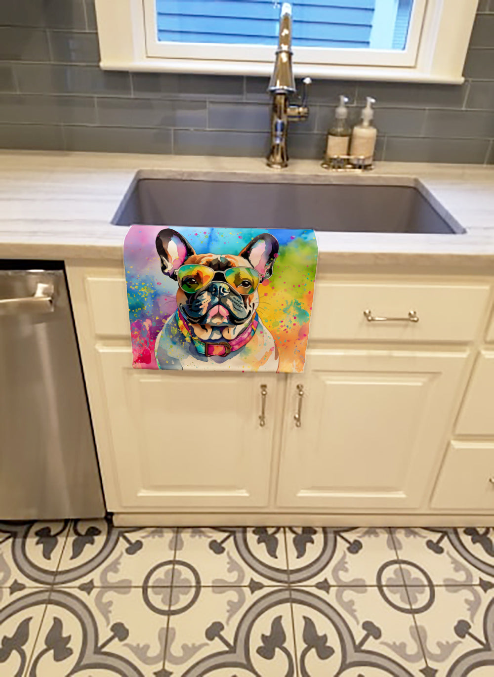French Bulldog Hippie Dawg Kitchen Towel Velour Plush Front and Cotton Loop Back Machine Washable