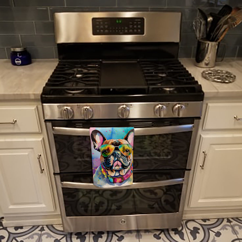French Bulldog Hippie Dawg Kitchen Towel Velour Plush Front and Cotton Loop Back Machine Washable