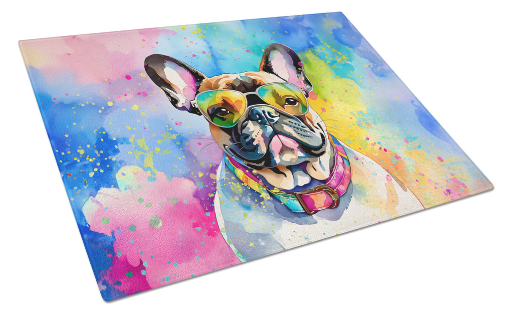French Bulldog Hippie Dawg Cutting Board Tempered Glass Kitchen Cutting Surface, Heat Resistant Chopping, Non-Slip Feet, Food Prep & Serving