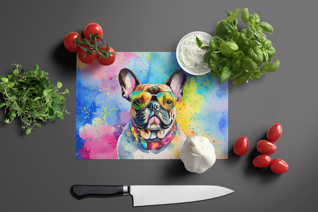 French Bulldog Hippie Dawg Cutting Board Tempered Glass Kitchen Cutting Surface, Heat Resistant Chopping, Non-Slip Feet, Food Prep & Serving