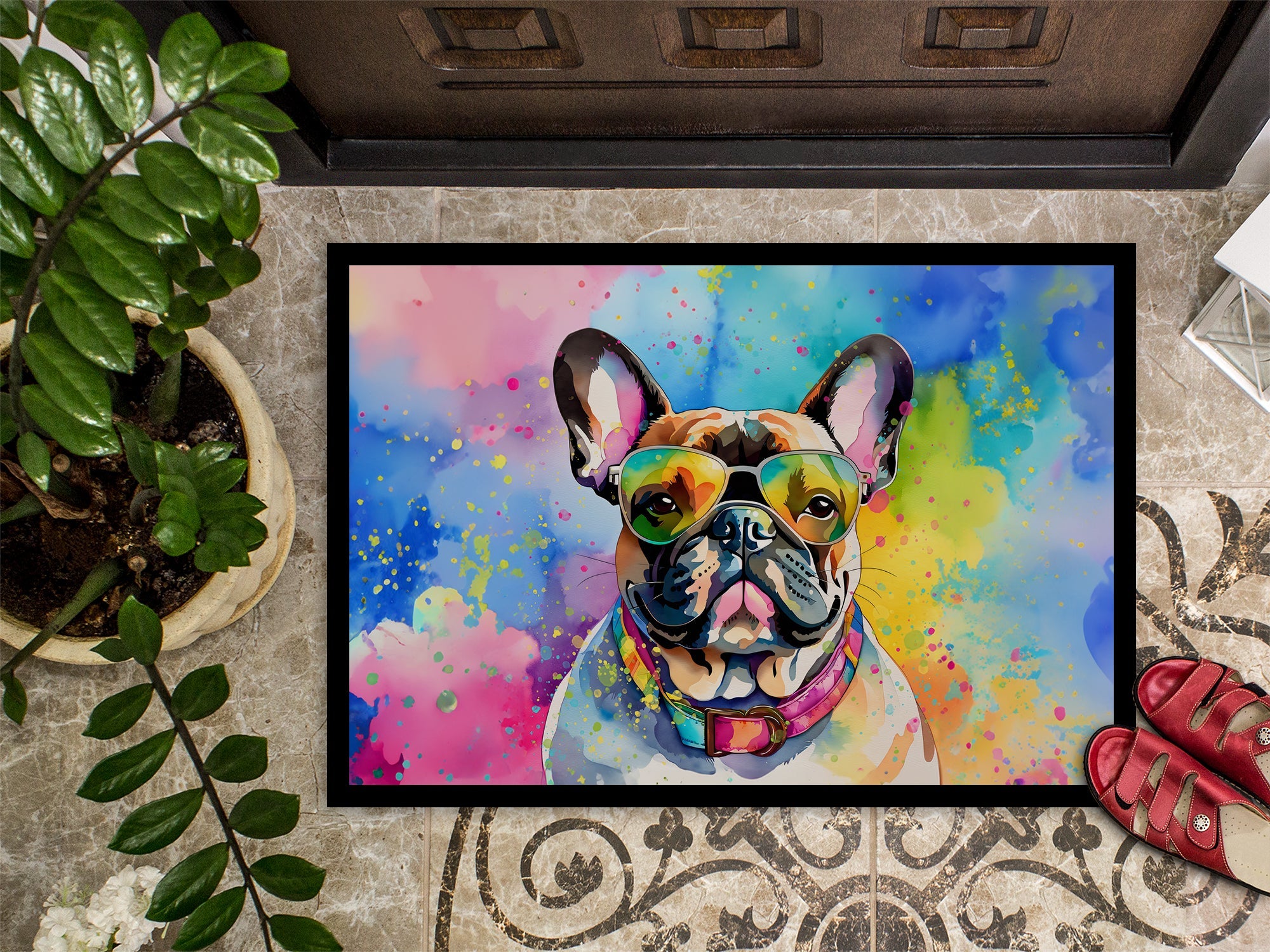 French Bulldog Hippie Dawg Doormat Indoor Outdoor 18H X 27W Front Door Mat Rugs for Entryway, Non Slip Washable