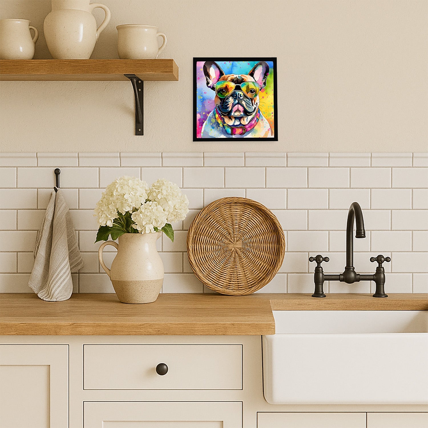French Bulldog Hippie Dawg Framed Metal Print Bathroom, Kitchen, Office, Home Decor Wall Art Ready to Hang, Square, 8X8