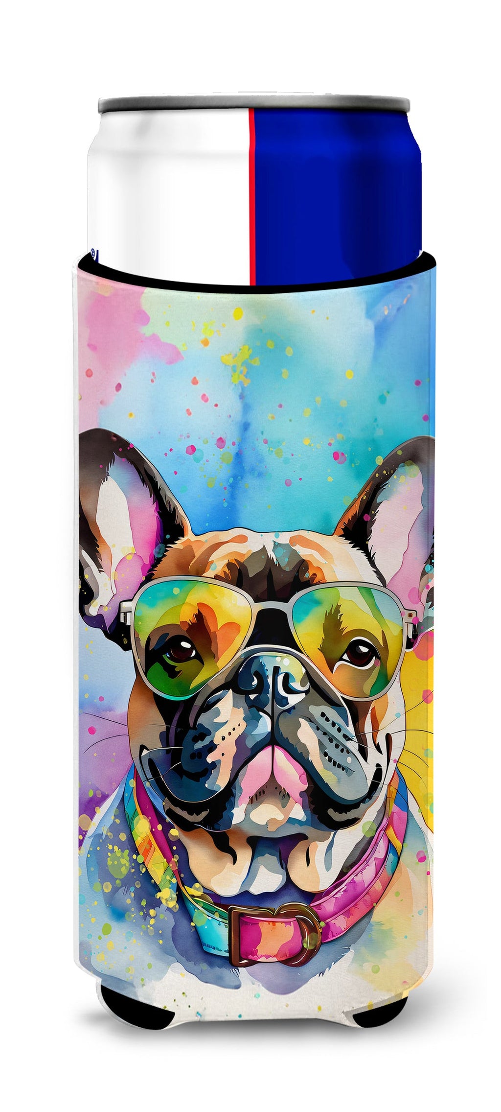 French Bulldog Hippie Dawg Slim Can Hugger , Insulated Foam Hugger for 12 oz Slim Cans, Beer Bottles & Water Bottles, Printed in USA