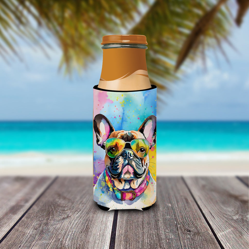 French Bulldog Hippie Dawg Slim Can Hugger , Insulated Foam Hugger for 12 oz Slim Cans, Beer Bottles & Water Bottles, Printed in USA