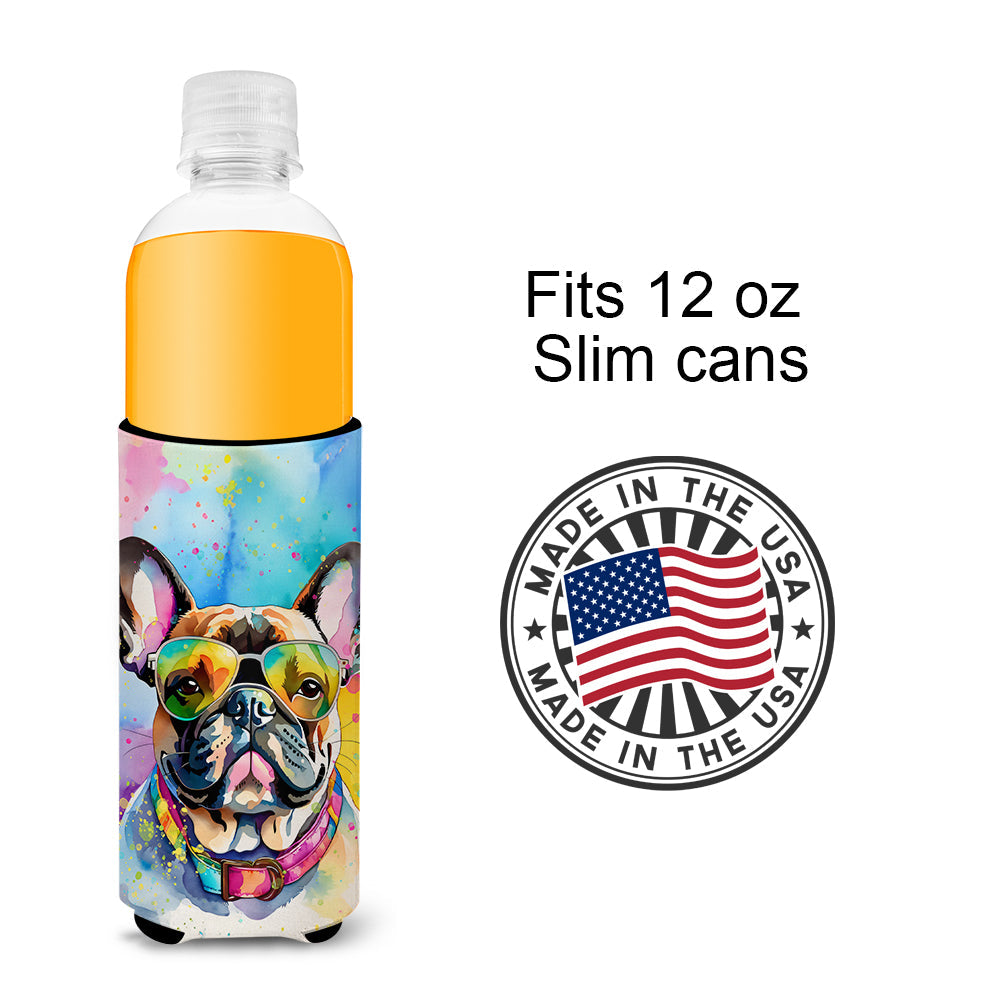 French Bulldog Hippie Dawg Slim Can Hugger , Insulated Foam Hugger for 12 oz Slim Cans, Beer Bottles & Water Bottles, Printed in USA