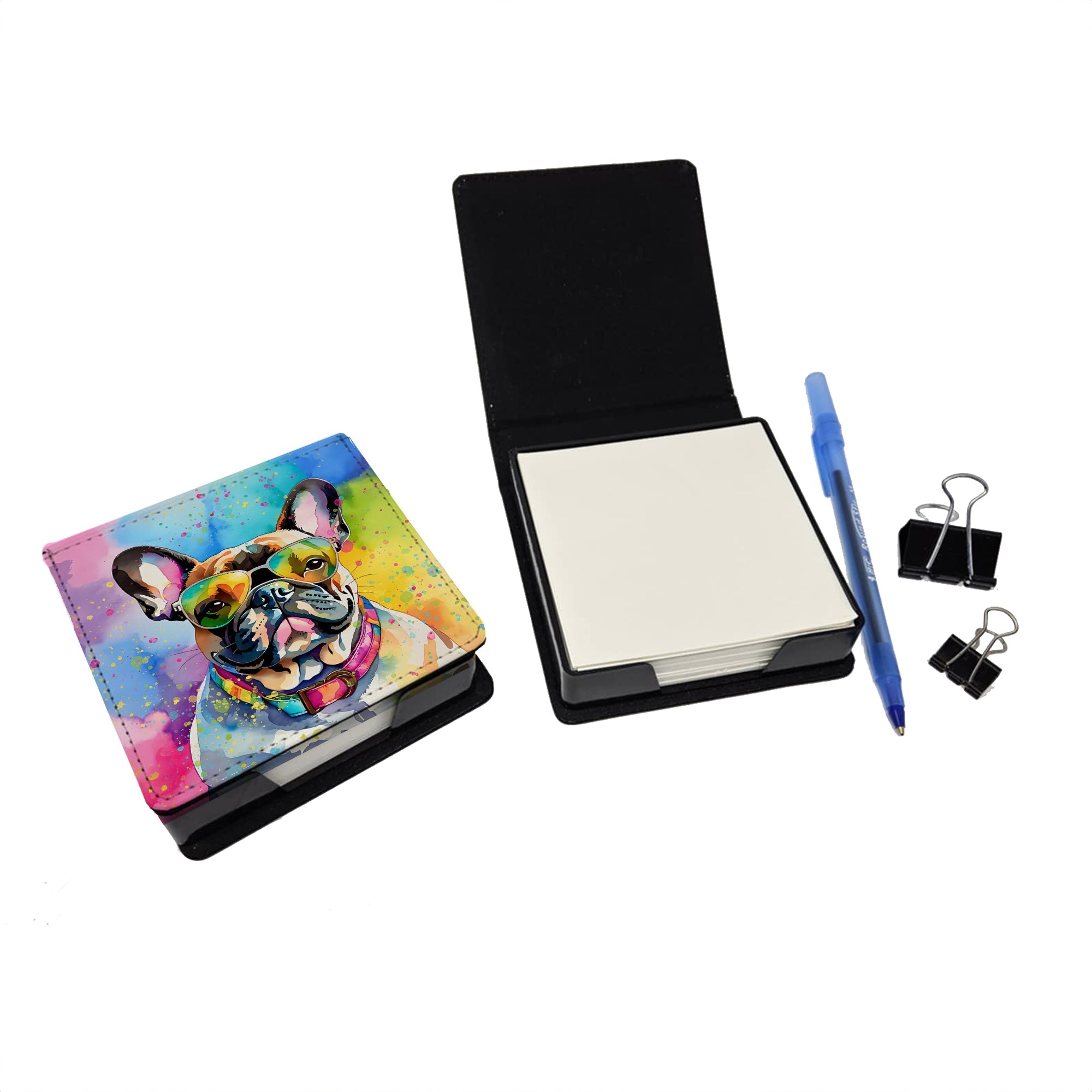 French Bulldog Hippie Dawg PU Leather Note Paper Holder with Artist-Designed Cover, Desk Accessory, Office Gift