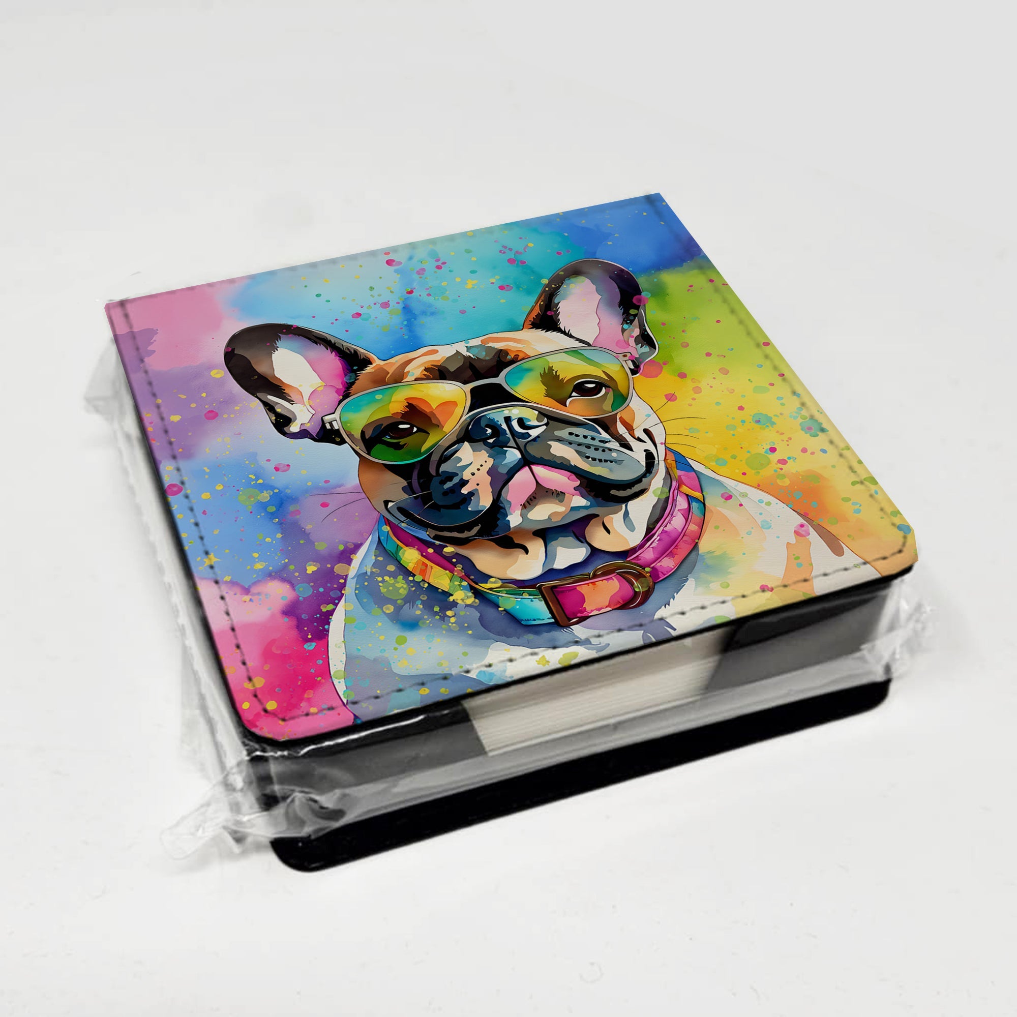 French Bulldog Hippie Dawg PU Leather Note Paper Holder with Artist-Designed Cover, Desk Accessory, Office Gift
