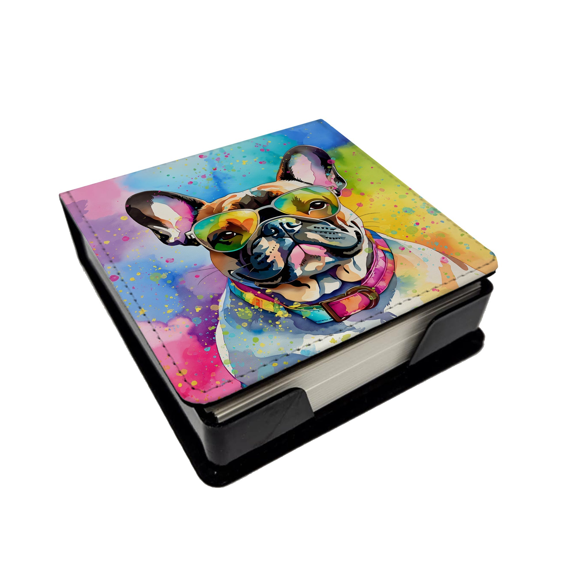 French Bulldog Hippie Dawg PU Leather Note Paper Holder with Artist-Designed Cover, Desk Accessory, Office Gift
