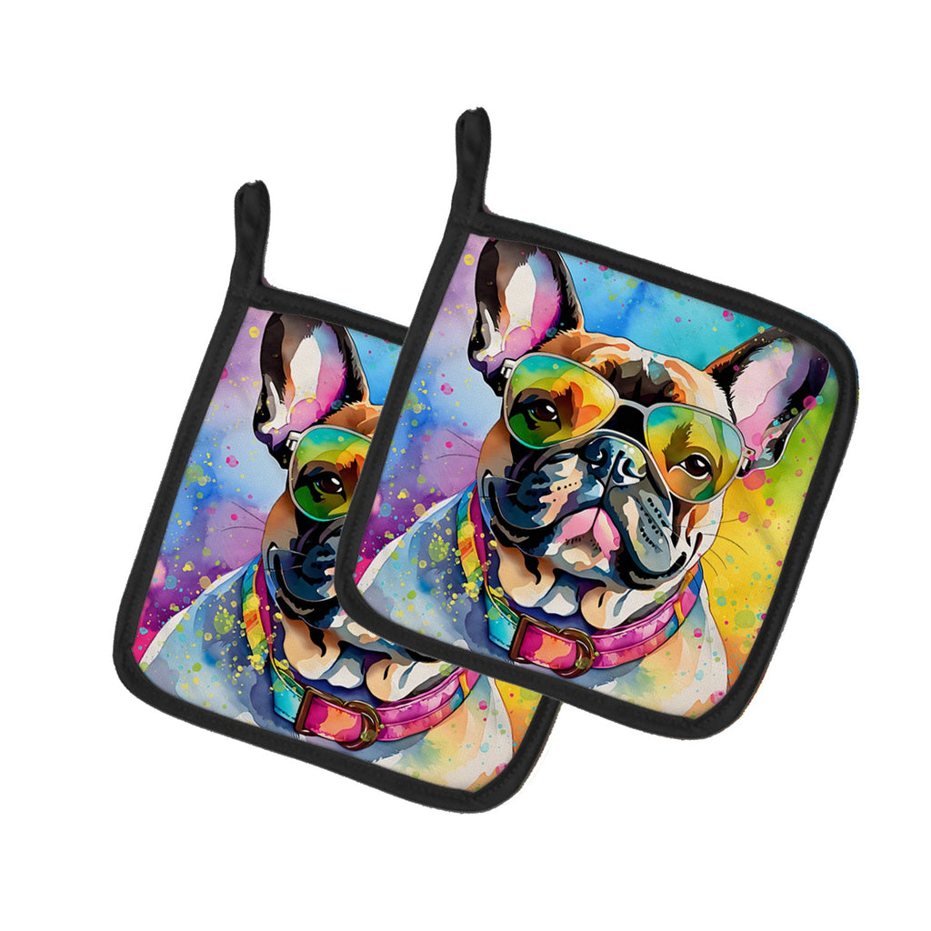 French Bulldog Hippie Dawg Pot Holder Set of 2 Heat Resistant Quilted Hot Pads 7.5 x 7.5 Inch, Insulated Kitchen Trivets for Cooking & Baking