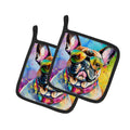 French Bulldog Hippie Dawg Pot Holder Set of 2 Heat Resistant Quilted Hot Pads 7.5 x 7.5 Inch, Insulated Kitchen Trivets for Cooking & Baking