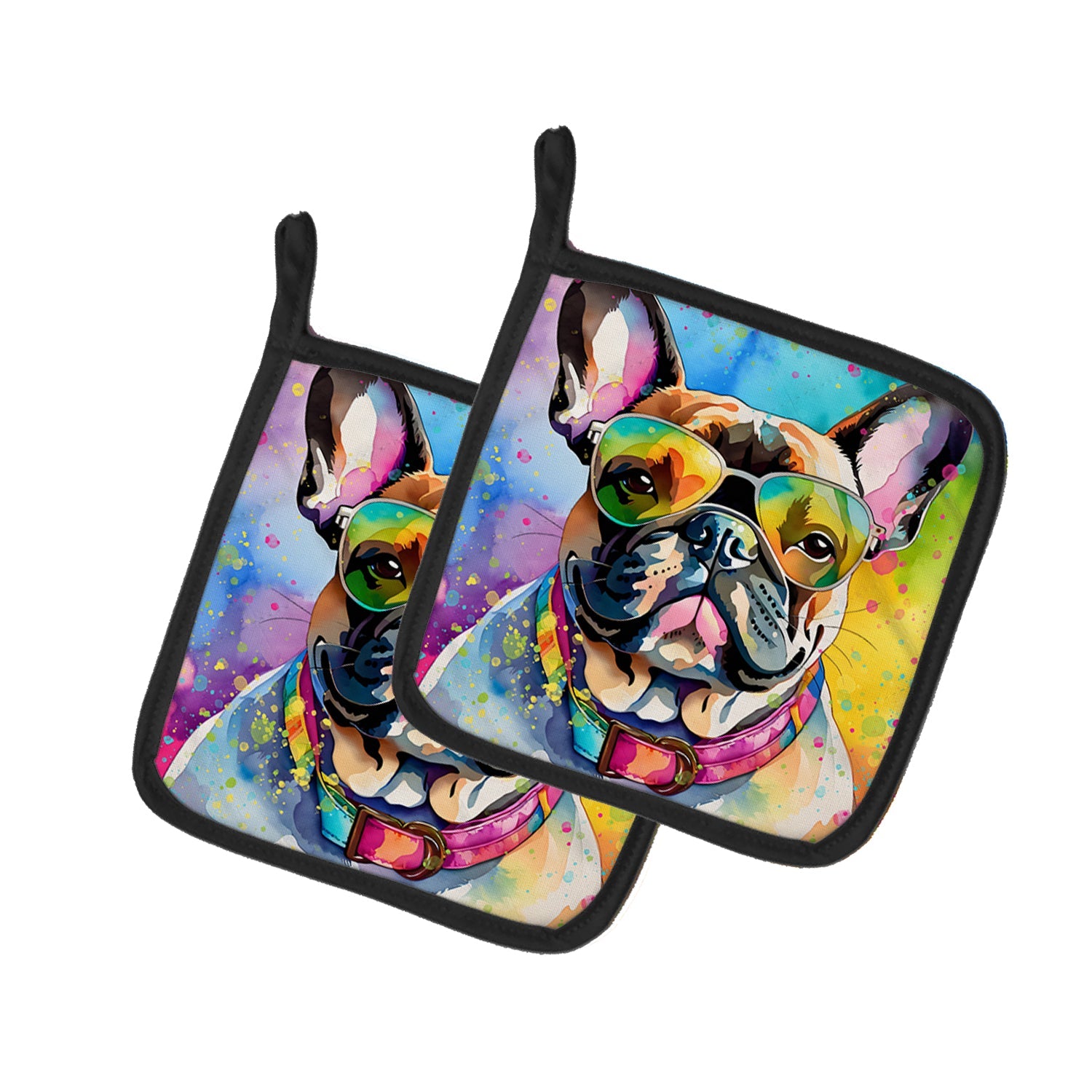 French Bulldog Hippie Dawg Pot Holder Set of 2 Heat Resistant Quilted Hot Pads 7.5 x 7.5 Inch, Insulated Kitchen Trivets for Cooking & Baking