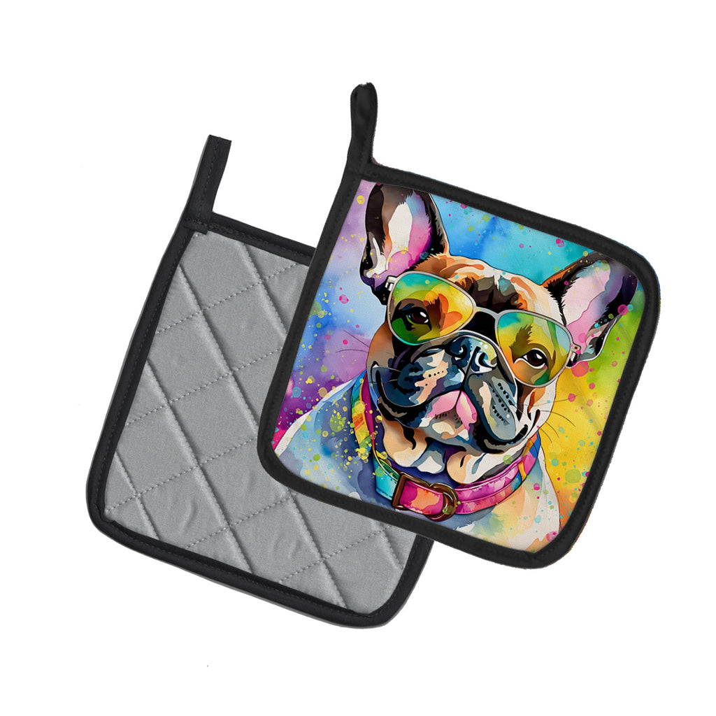 French Bulldog Hippie Dawg Pot Holder Set of 2 Heat Resistant Quilted Hot Pads 7.5 x 7.5 Inch, Insulated Kitchen Trivets for Cooking & Baking