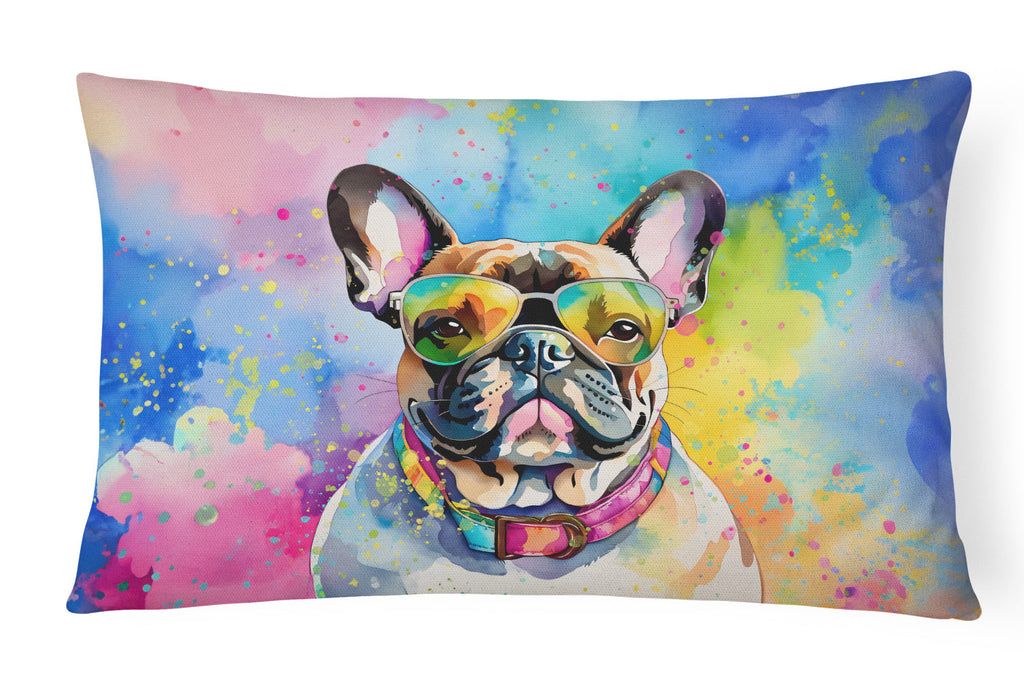 French Bulldog Hippie Dawg Decorative Throw Pillow 12x16 Indoor Outdoor Accent Cushion, Fabric Cover with Insert for Sofa, Bed, Porch & Living Room