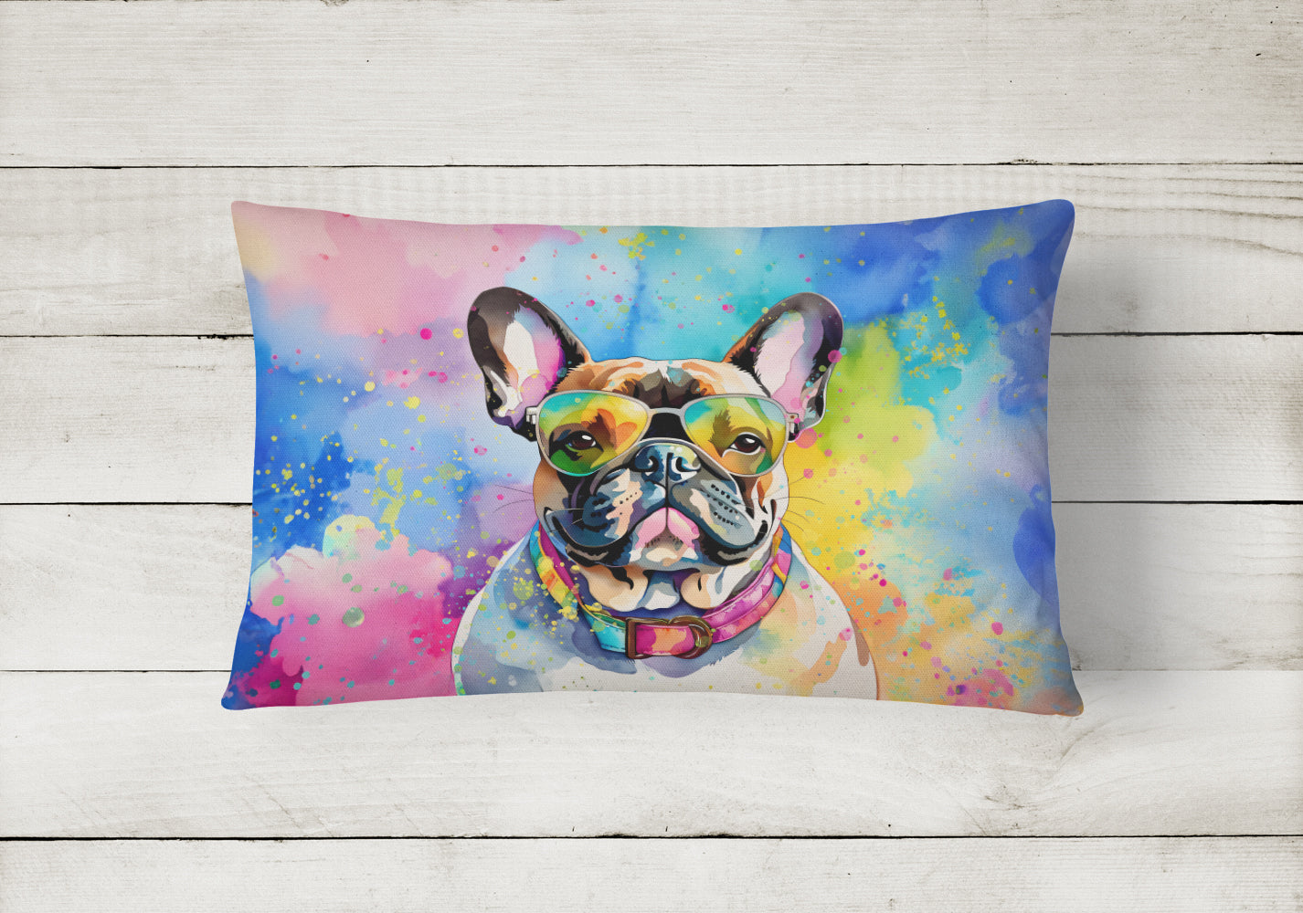 French Bulldog Hippie Dawg Decorative Throw Pillow 12x16 Indoor Outdoor Accent Cushion, Fabric Cover with Insert for Sofa, Bed, Porch & Living Room
