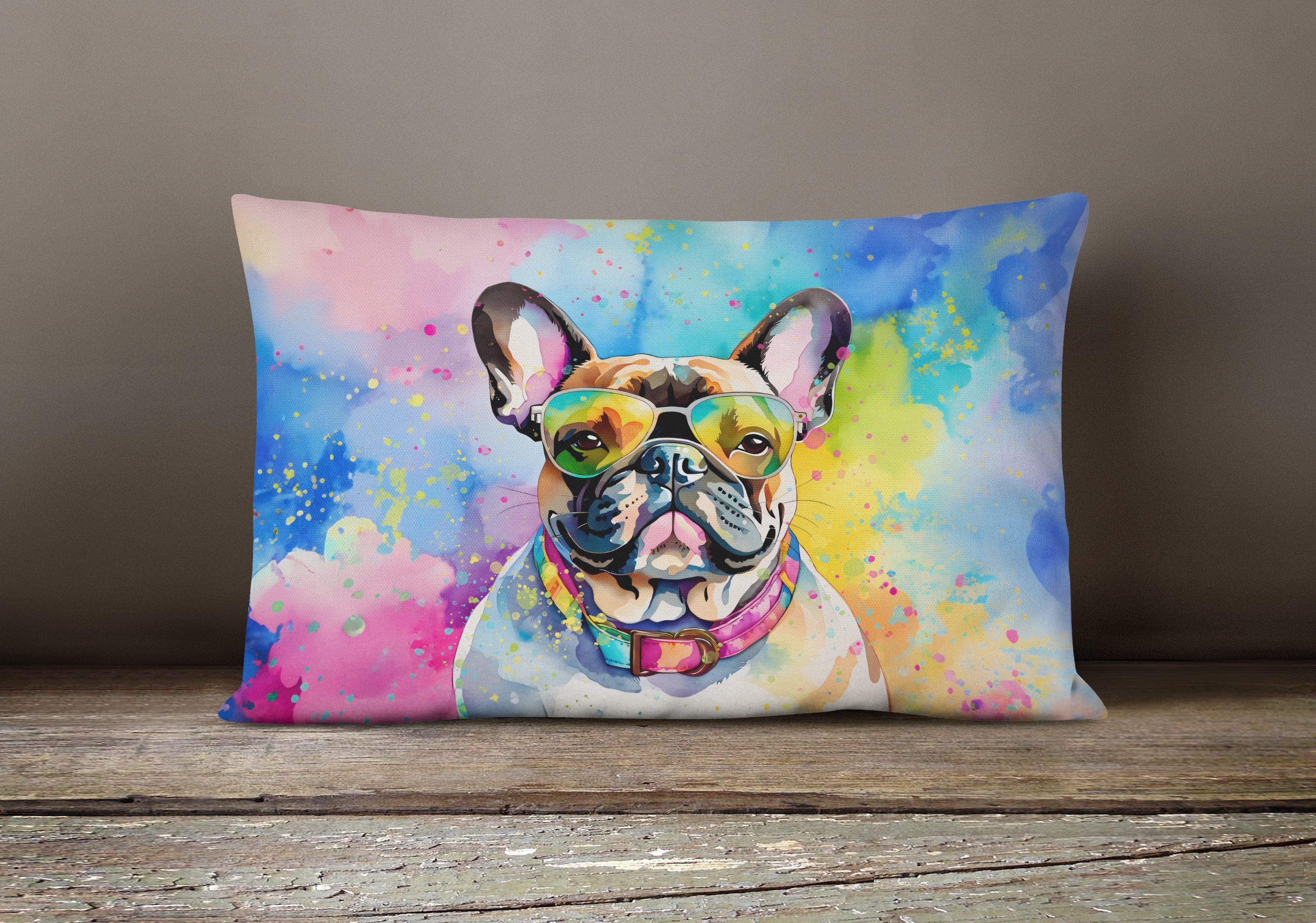 French Bulldog Hippie Dawg Decorative Throw Pillow 12x16 Indoor Outdoor Accent Cushion, Fabric Cover with Insert for Sofa, Bed, Porch & Living Room