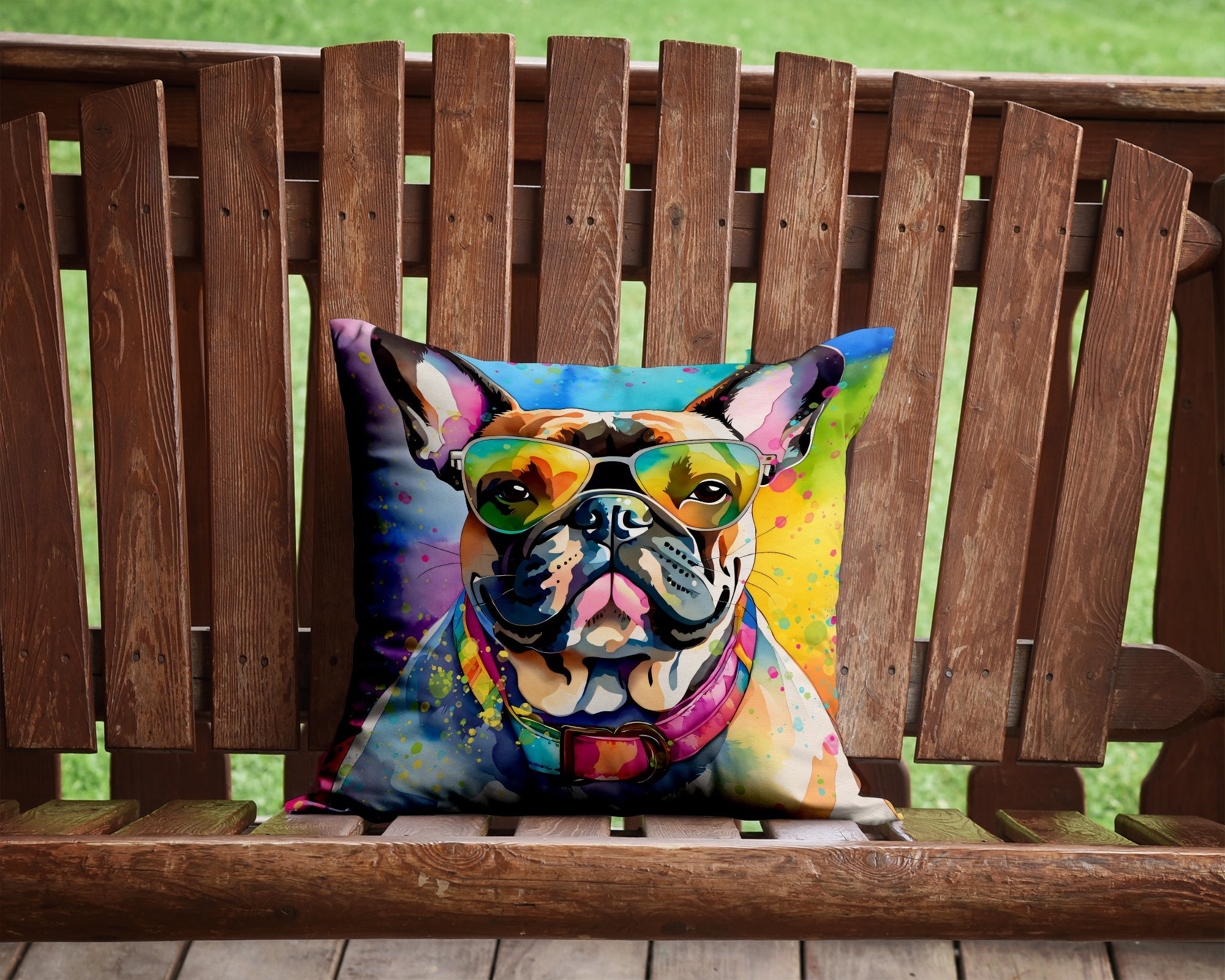 French Bulldog Hippie Dawg Decorative Throw Pillow 14x14 Indoor Outdoor Accent Cushion, Fabric Cover with Insert for Sofa, Bed, Porch & Living Room