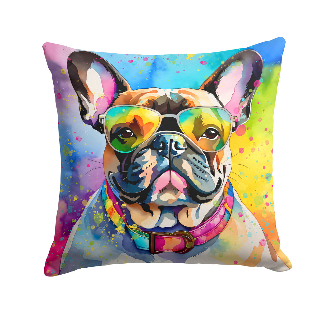 French Bulldog Hippie Dawg Decorative Throw Pillow 18x18 Indoor Outdoor Accent Cushion, Fabric Cover with Insert for Sofa, Bed, Porch & Living Room