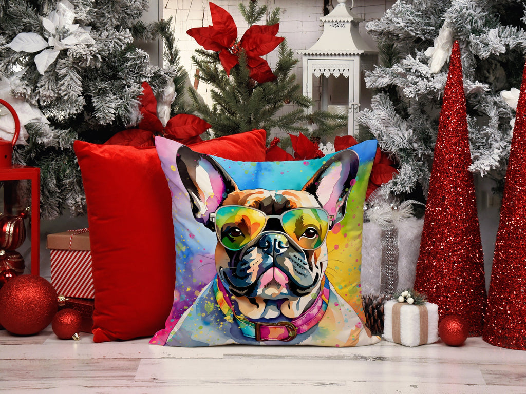 French Bulldog Hippie Dawg Decorative Throw Pillow 18x18 Indoor Outdoor Accent Cushion, Fabric Cover with Insert for Sofa, Bed, Porch & Living Room