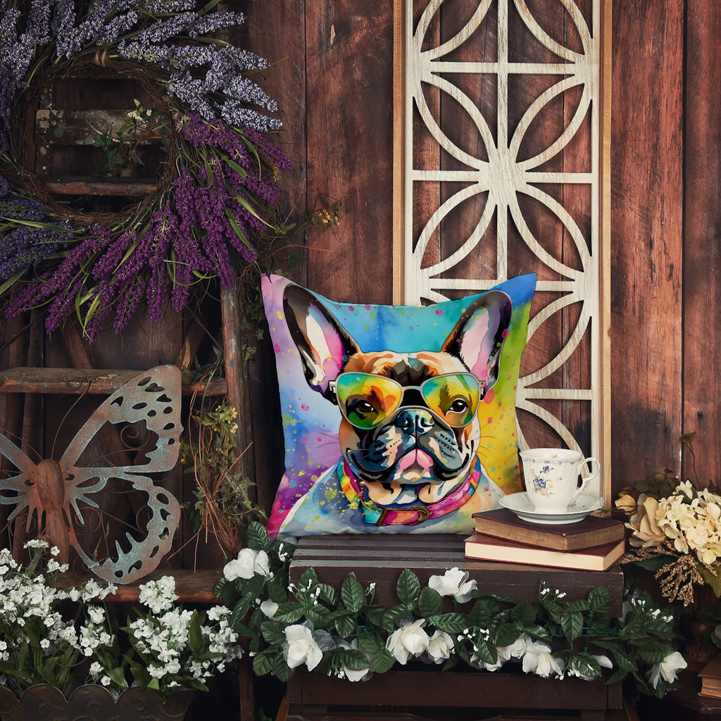 French Bulldog Hippie Dawg Decorative Throw Pillow 18x18 Indoor Outdoor Accent Cushion, Fabric Cover with Insert for Sofa, Bed, Porch & Living Room