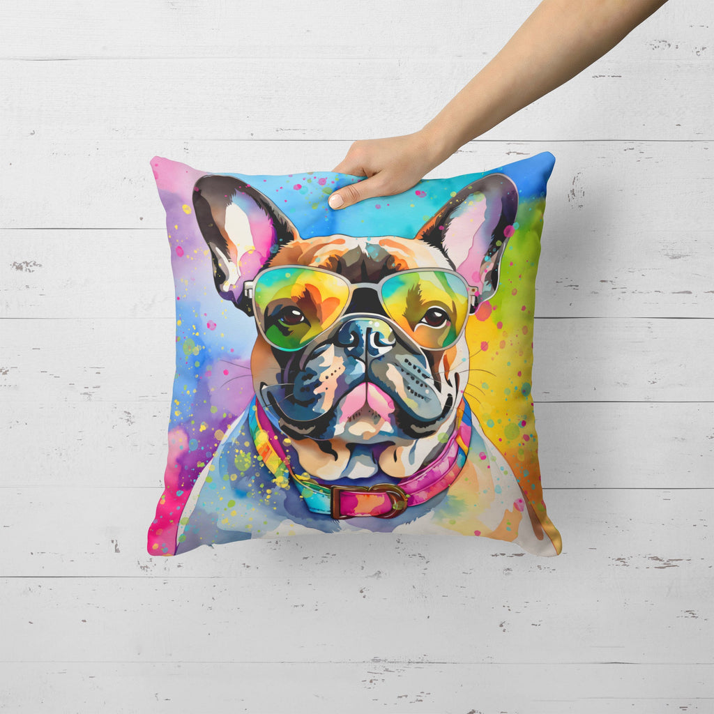 French Bulldog Hippie Dawg Decorative Throw Pillow 18x18 Indoor Outdoor Accent Cushion, Fabric Cover with Insert for Sofa, Bed, Porch & Living Room