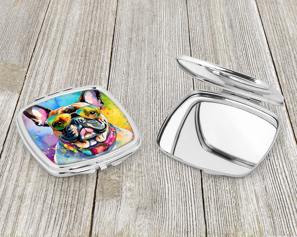 French Bulldog Hippie Dawg Compact Mirror Decorative Travel Makeup Mirror for Women Girls Gifts Pocket Makeup Mirror Folding Handheld