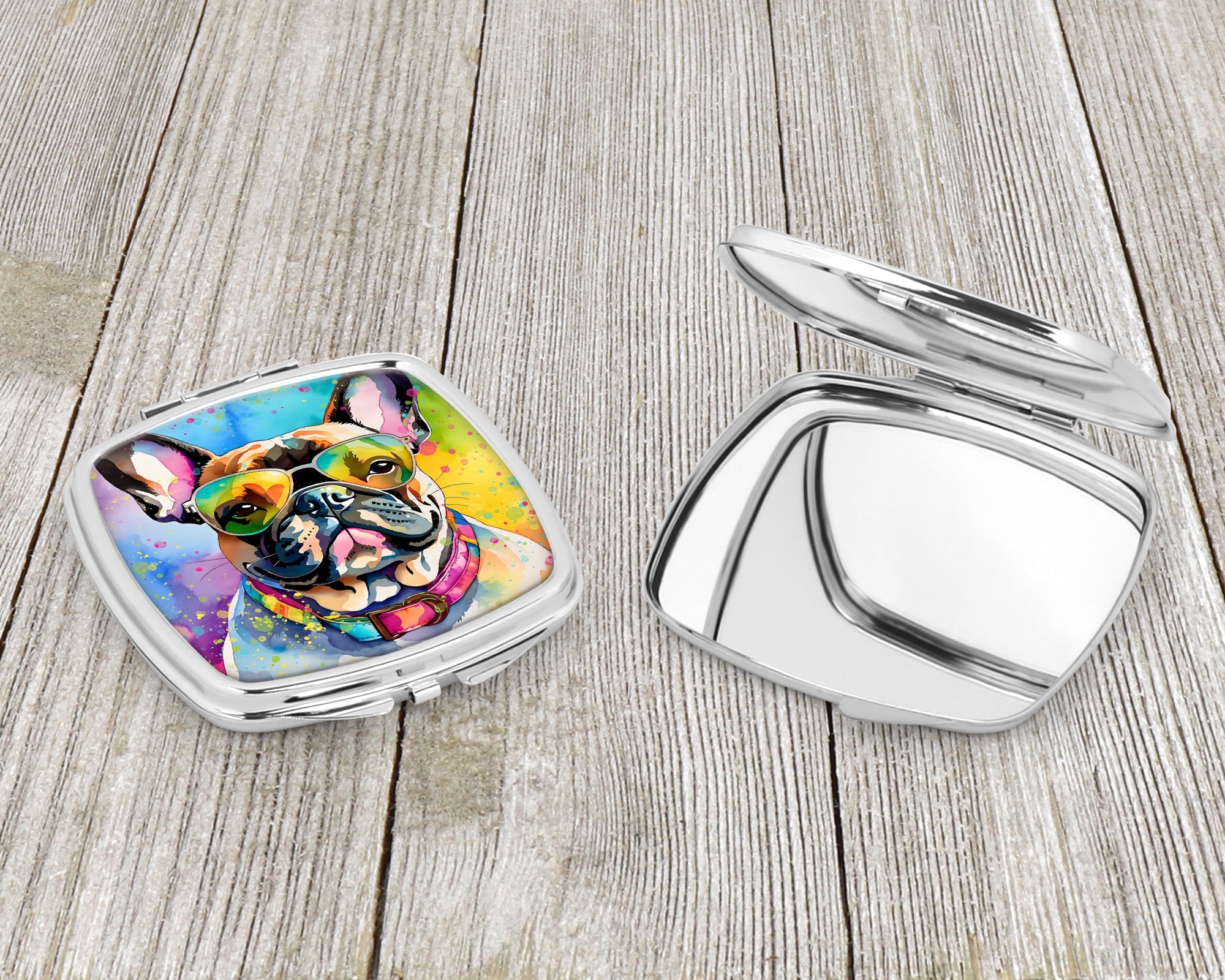 French Bulldog Hippie Dawg Compact Mirror Decorative Travel Makeup Mirror for Women Girls Gifts Pocket Makeup Mirror Folding Handheld