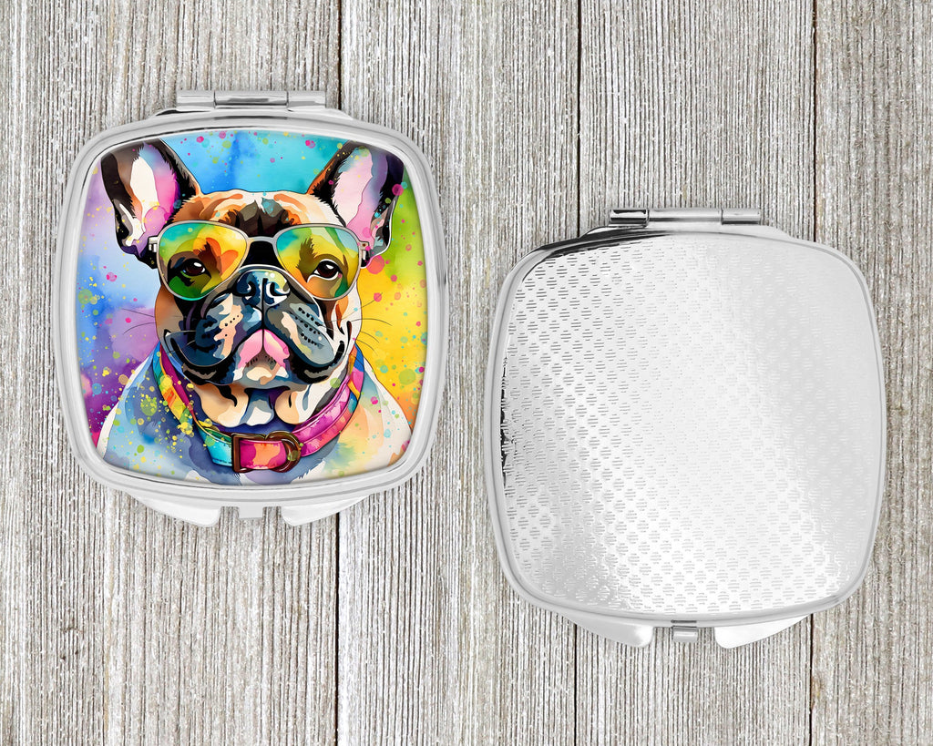 French Bulldog Hippie Dawg Compact Mirror Decorative Travel Makeup Mirror for Women Girls Gifts Pocket Makeup Mirror Folding Handheld