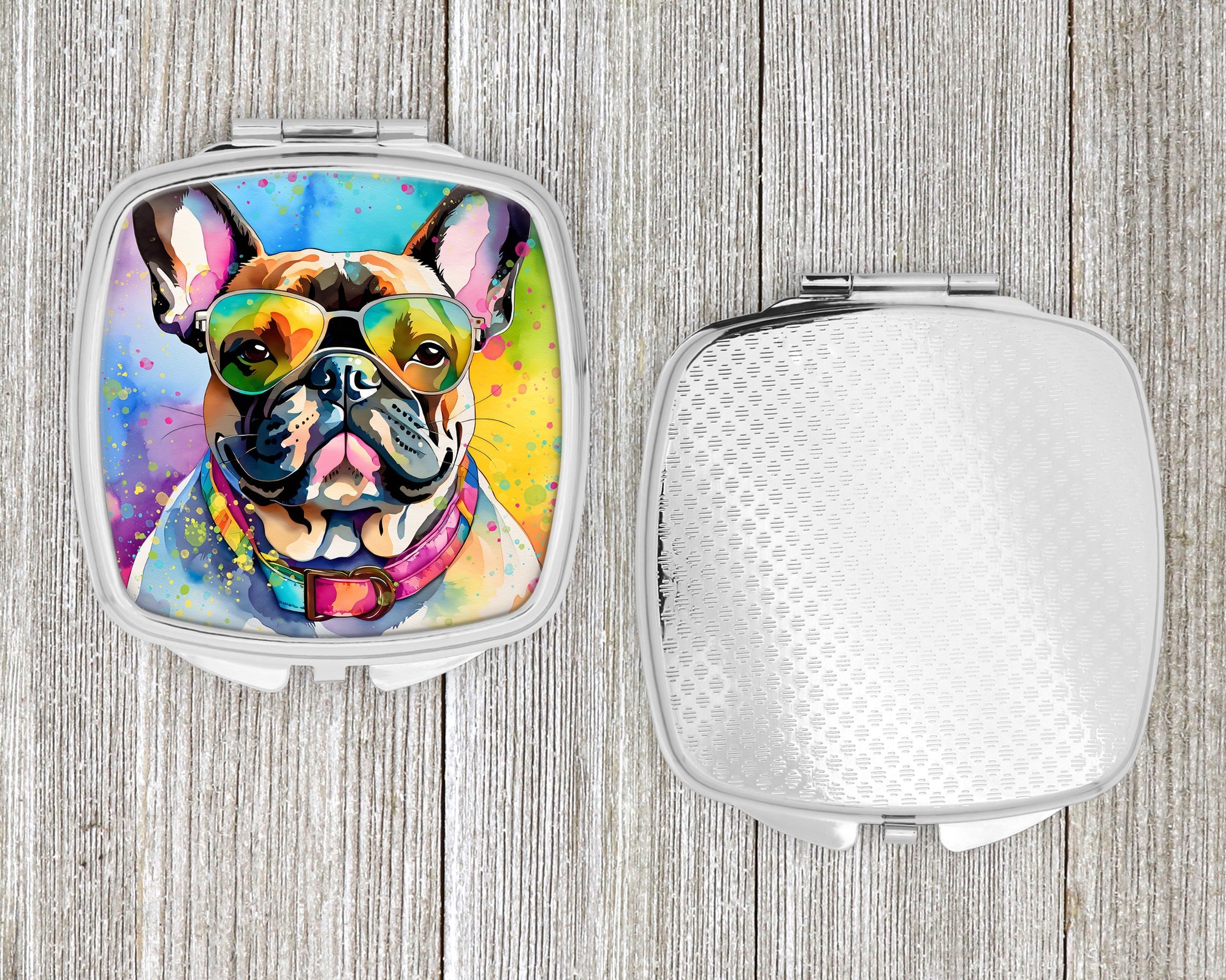 French Bulldog Hippie Dawg Compact Mirror Decorative Travel Makeup Mirror for Women Girls Gifts Pocket Makeup Mirror Folding Handheld