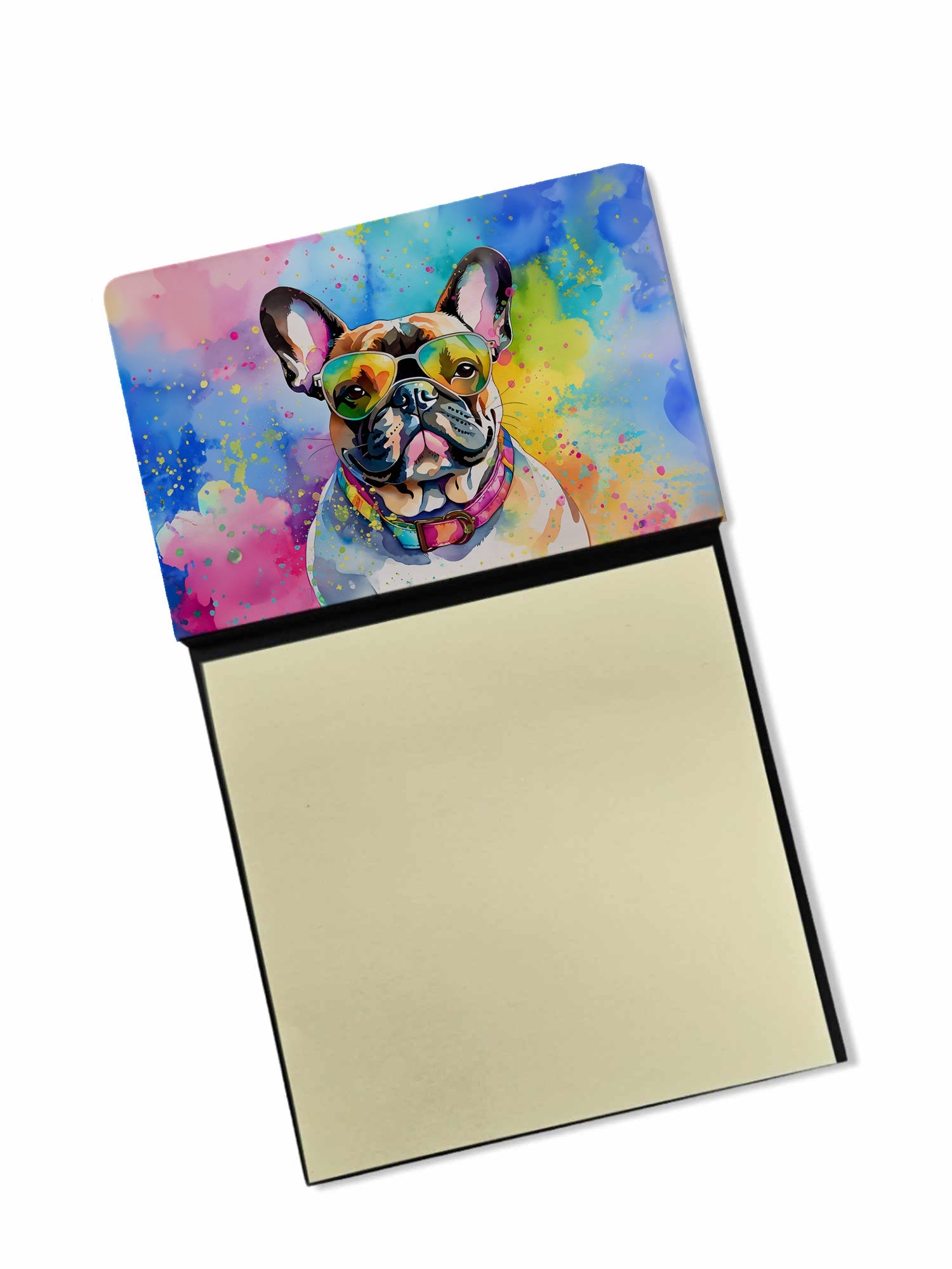 French Bulldog Hippie Dawg Watercolor Sticky Note Holder Refillable Dispenser Desk Accessory 3x3 Pad Gift