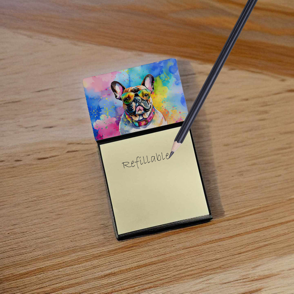 French Bulldog Hippie Dawg Watercolor Sticky Note Holder Refillable Dispenser Desk Accessory 3x3 Pad Gift