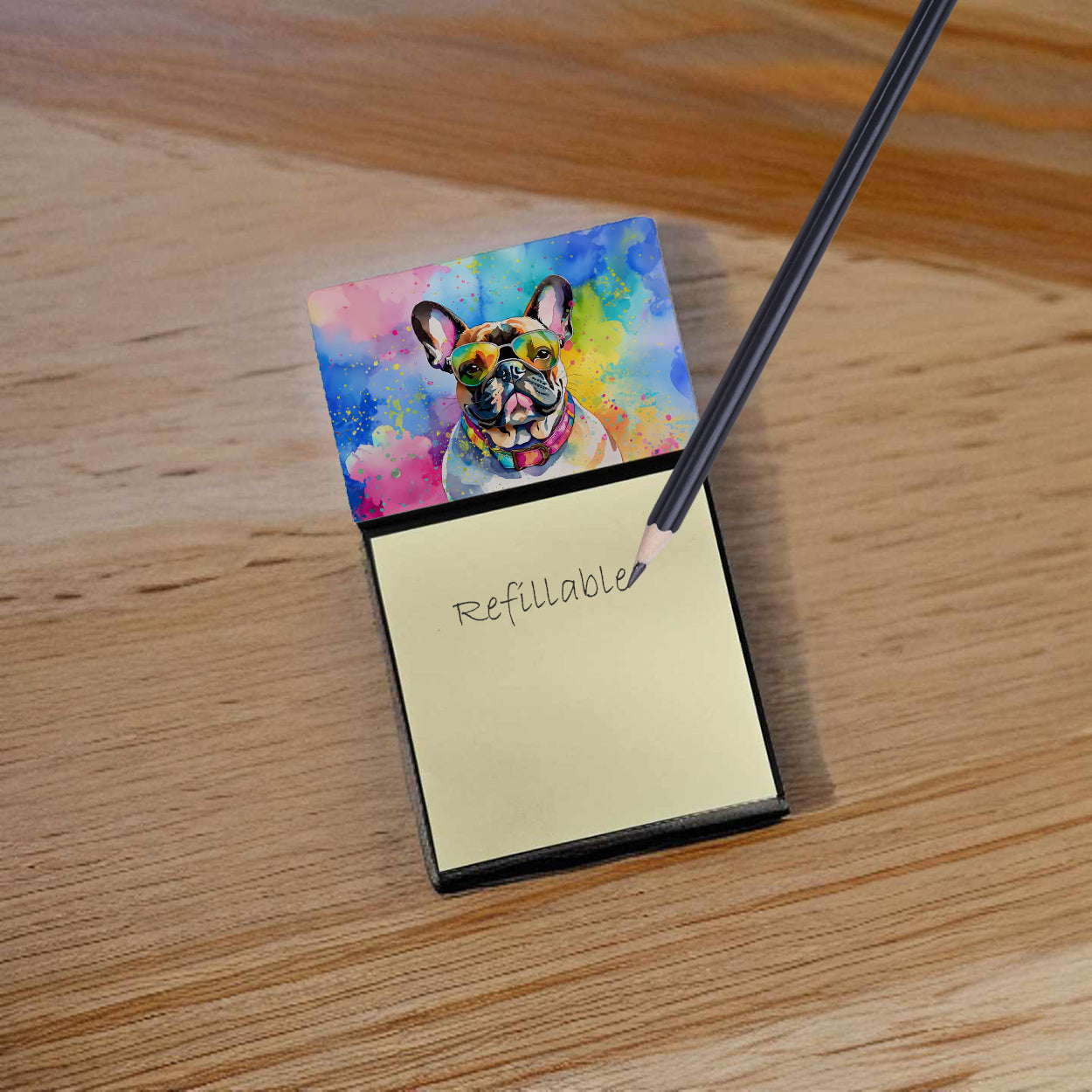 French Bulldog Hippie Dawg Watercolor Sticky Note Holder Refillable Dispenser Desk Accessory 3x3 Pad Gift