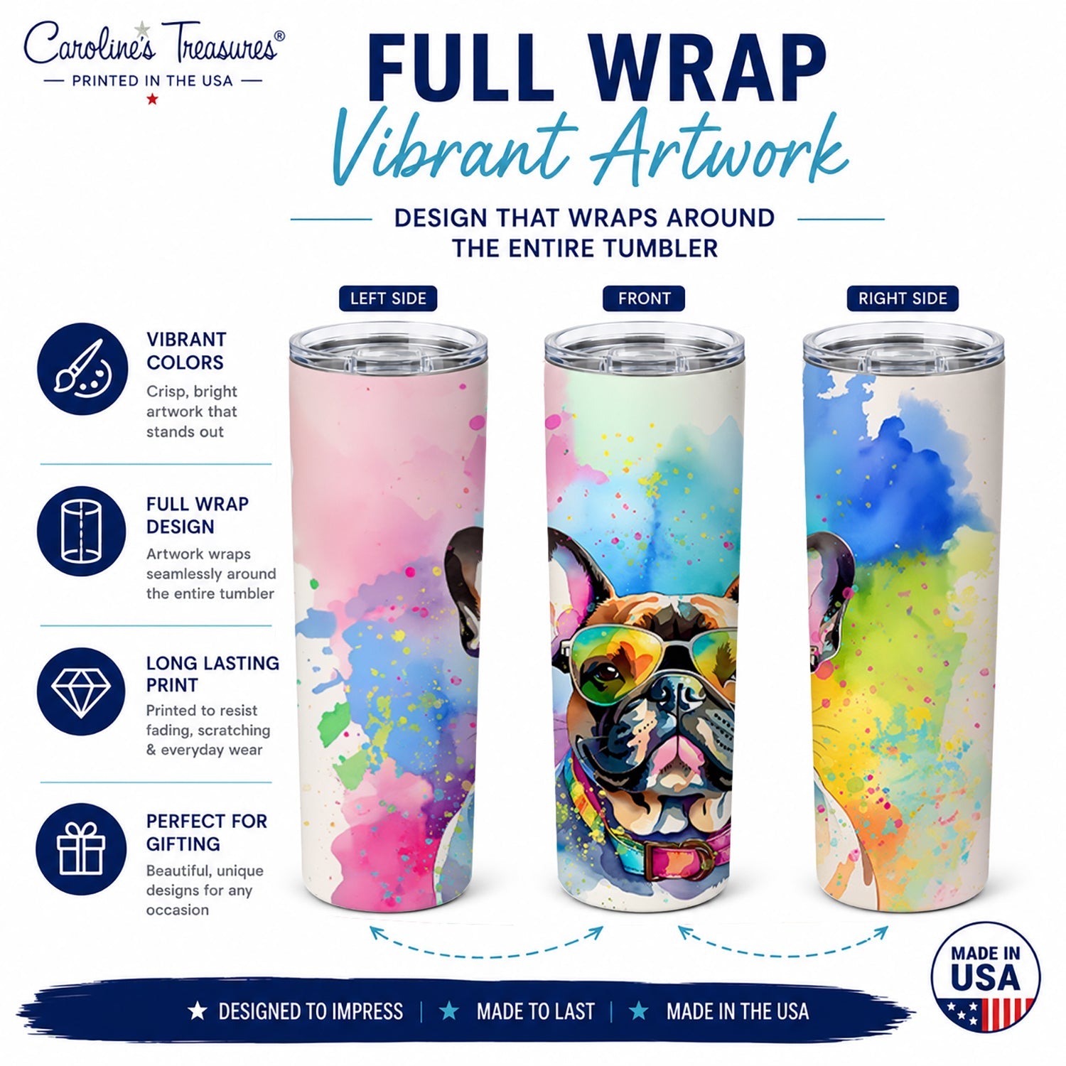 French Bulldog Hippie Dawg Stainless Steel Skinny Tumbler 20 oz Vacuum Double Walled Reusable Insulated Travel Cup