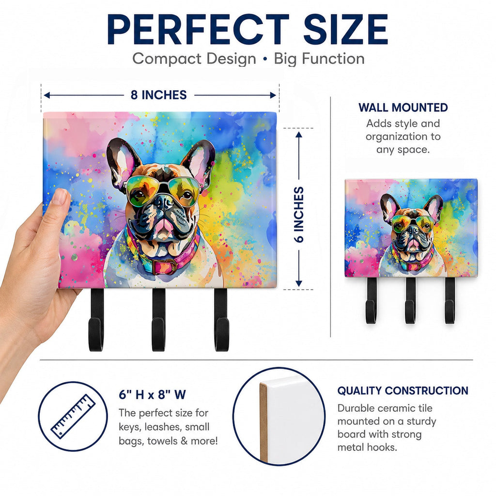 French Bulldog Hippie Dawg Leash or Key Holder Wall Hooks, Coat Rack Wall Mount, for Hanging Keys, Towels, Aprons, Leashes