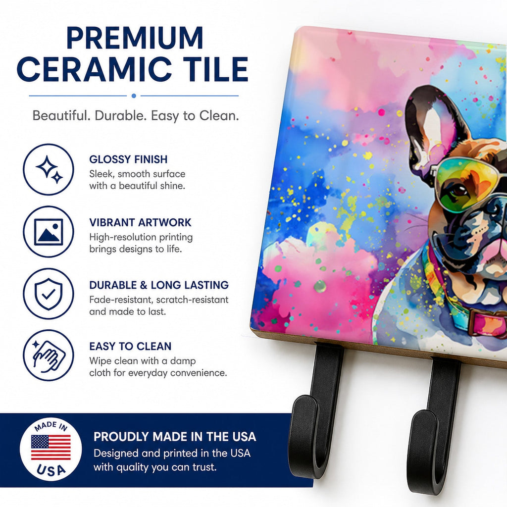 French Bulldog Hippie Dawg Leash or Key Holder Wall Hooks, Coat Rack Wall Mount, for Hanging Keys, Towels, Aprons, Leashes