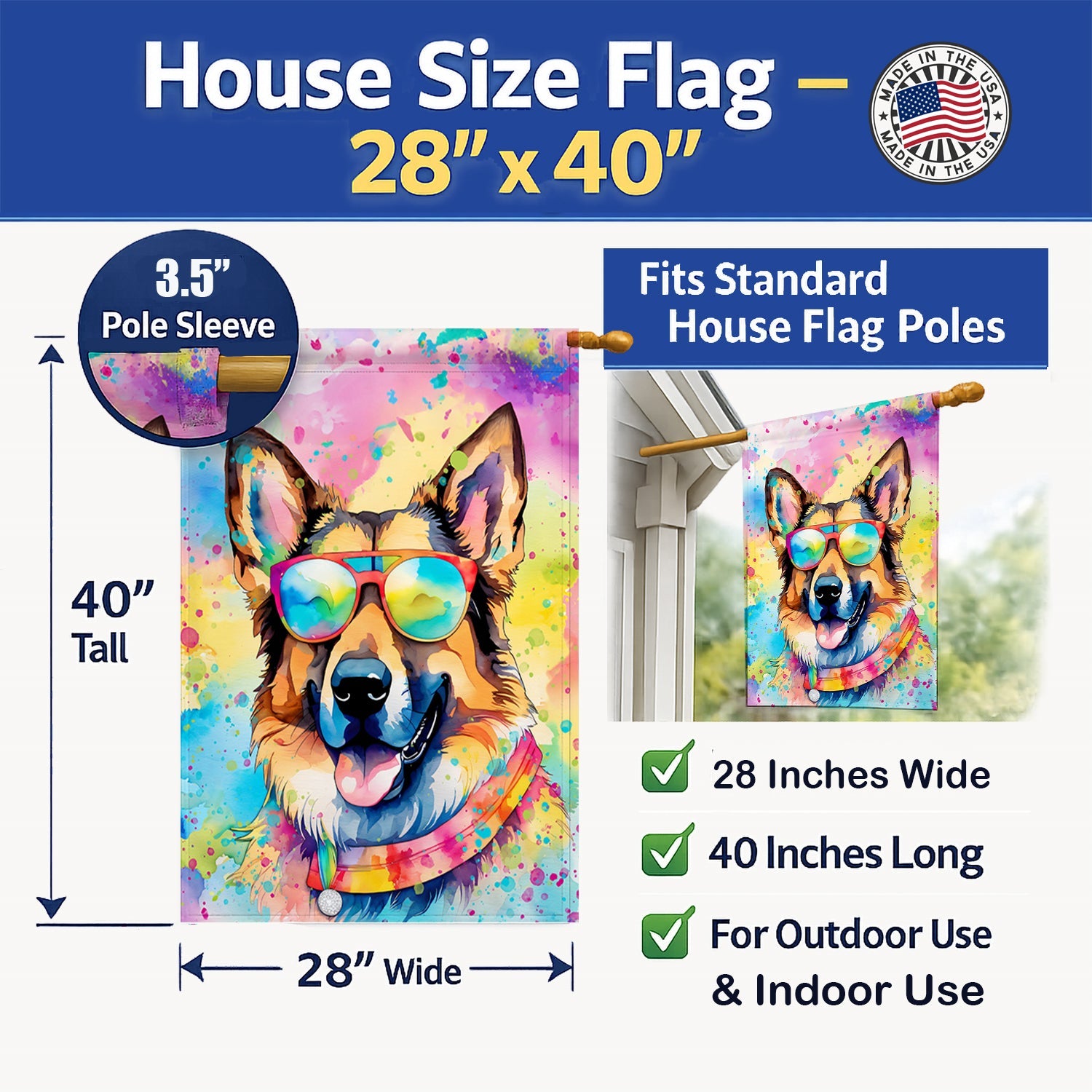 German Shepherd Hippie Dawg House Flag 28x40 Porch Sleeve Pole Decorative Outside Yard Banner Artwork Wall Hanging, Polyester